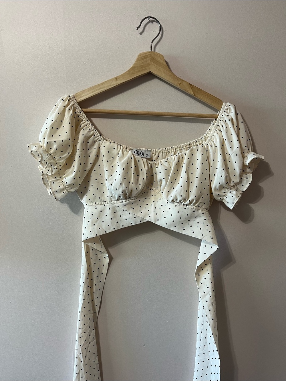 Cream Polka Dot Puff Sleeve Wrap Crop Top